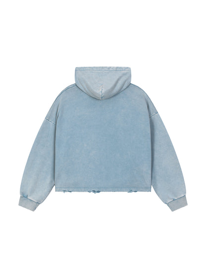 "Emblem" Vintage Washed Frayed-Hem Hoodie
